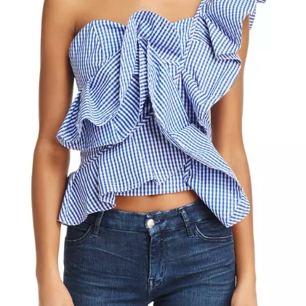 Nordstrom Blue and White Gingham One-Shoulder Ruffle Top